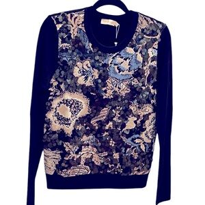 Tory Burch Sequin Front Embellishments Agnes Merino Wool Crewneck Sweater XL